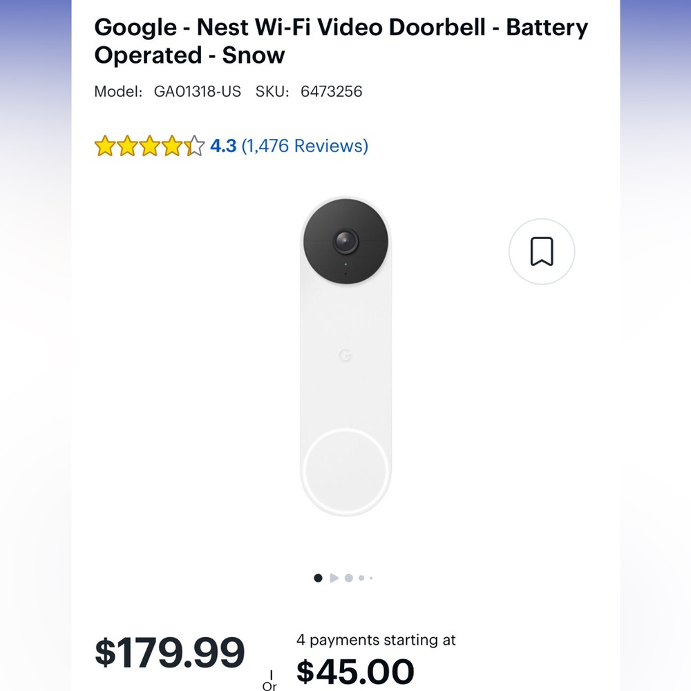 Google Nest, WiFi Doorbell, Battery Operated. SNOW